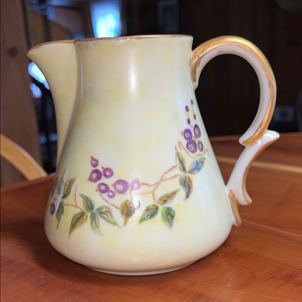 Vintage Floral Yellow Ceramic Pitcher Hand Painted 1965